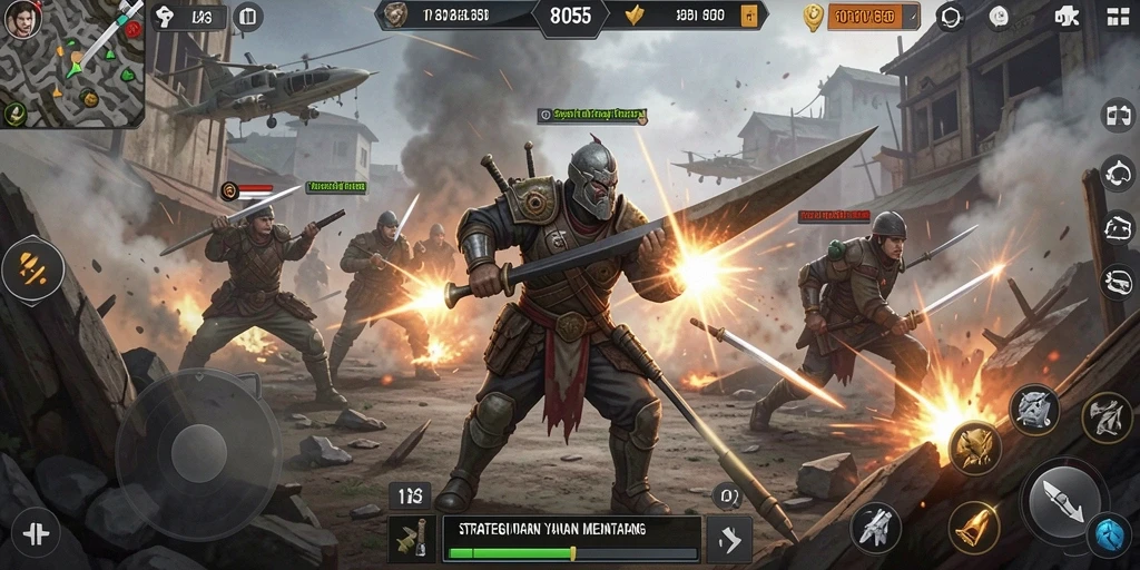 Tampilan gameplay seru dalam 8055 dengan strategi pertempuran mendalam.
