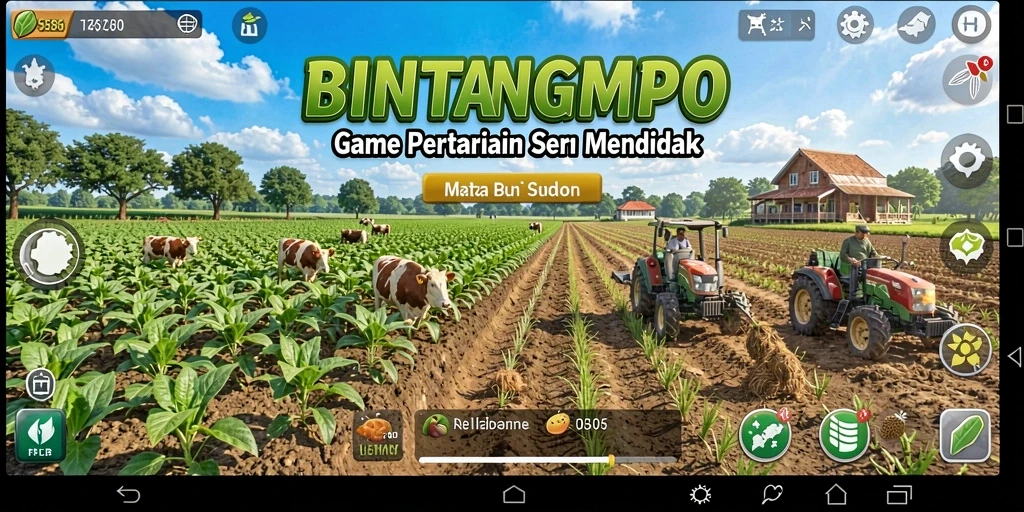 Screenshot gameplay BINTANGMPO menampilkan lahan pertanian yang subur.