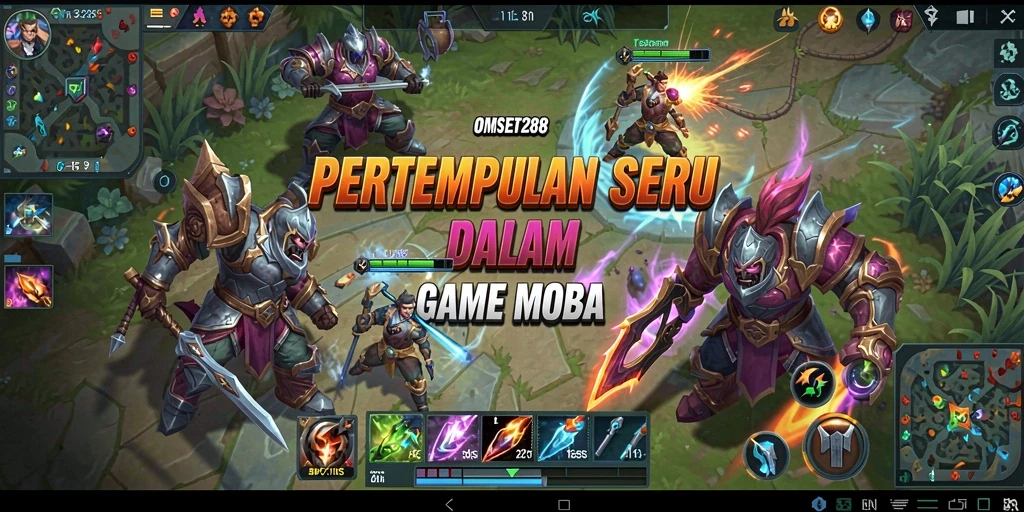 Tampilan gameplay MOBA menegangkan dengan berbagai hero beraksi.