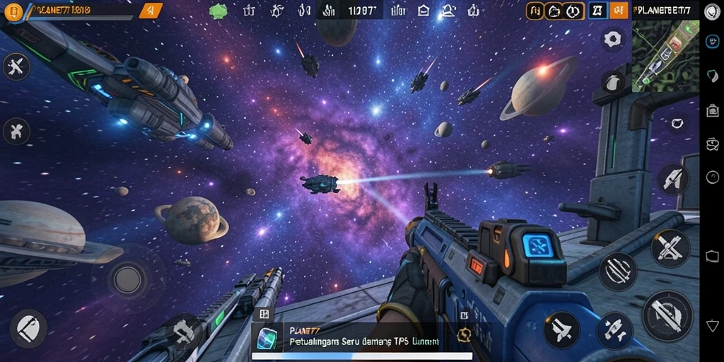 Tampilan dinamis gameplay PLANET77 dalam pertempuran luar angkasa.