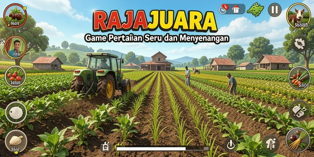 Tampilan gameplay RAJAJUARA yang menampilkan kebun yang subur dan aktif.