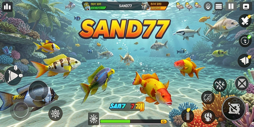 Screenshot gameplay SAND77 menampilkan aksi seru di bawah laut.