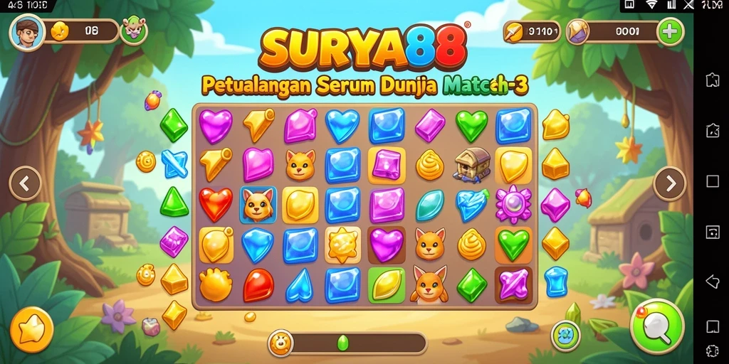 Tangkapan layar gameplay SURYA88 yang memukau dengan level-level tantangan Match-3.